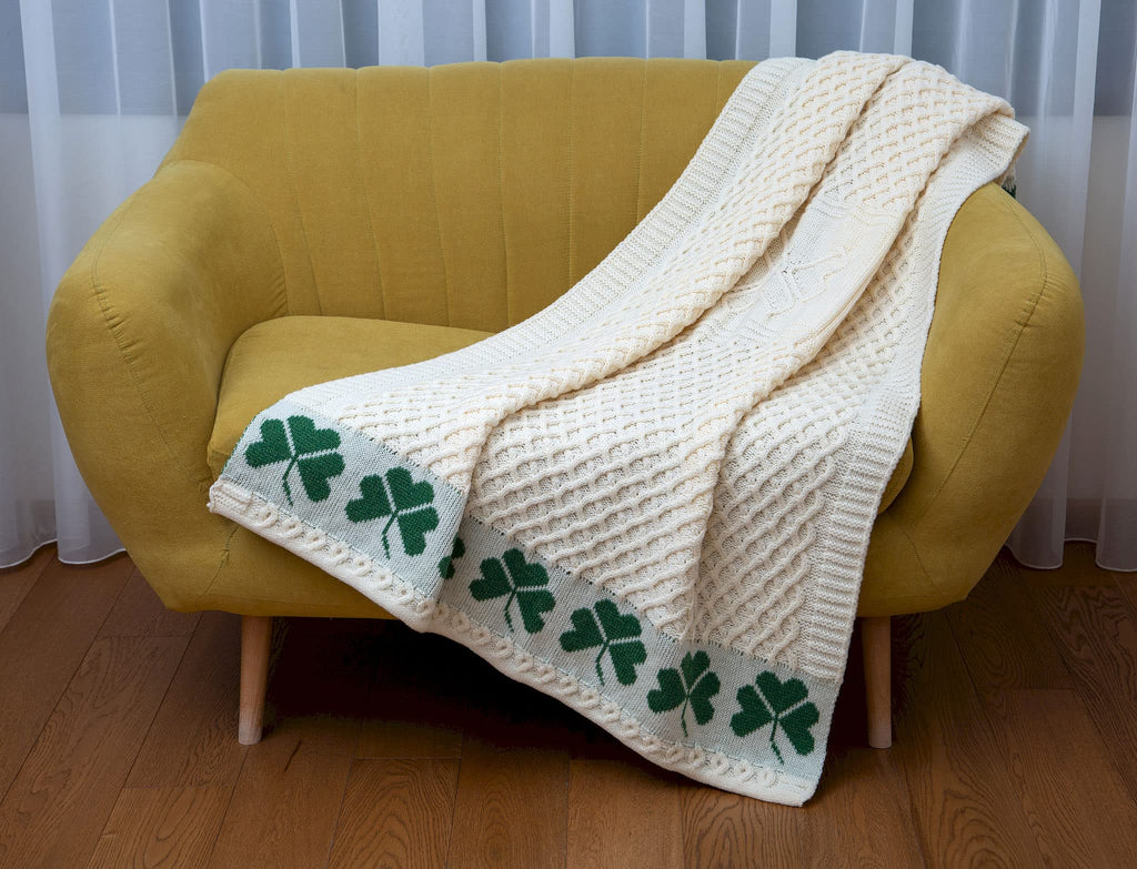Irish Shamrock Aran Throw Blanket -100% - Honeycomb Pattern - Natural / 40'' x 60''/100 cm x150 cm