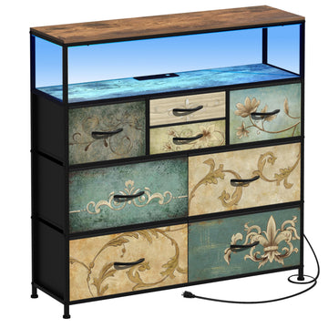 TV Stand with Power Oulet Dresser with Charging Station & LED Light with 8 Fabric Drawers Storage Chest of Drawers
