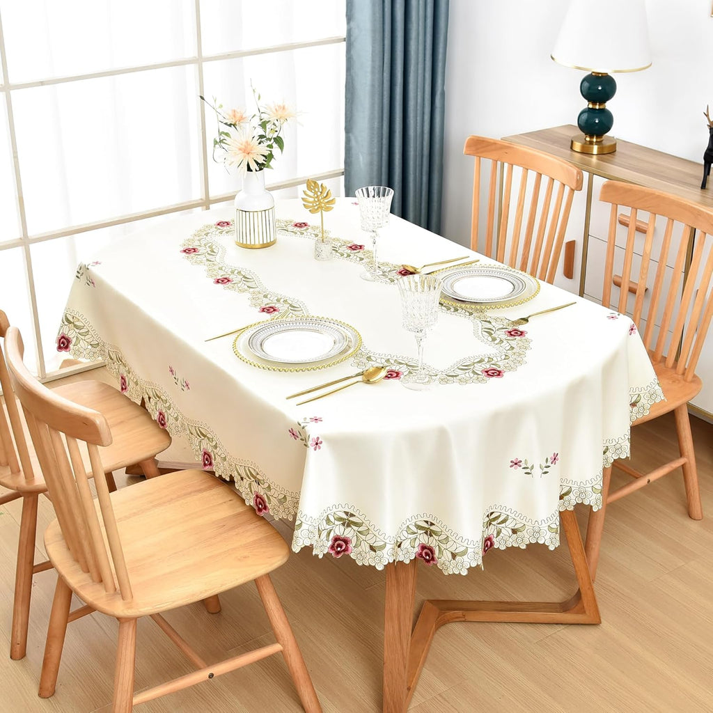 Jacquard Floral Oval Tablecloth Little Rose Embroidered Lace Beige Table Cover Dining Kitchen Decor 
