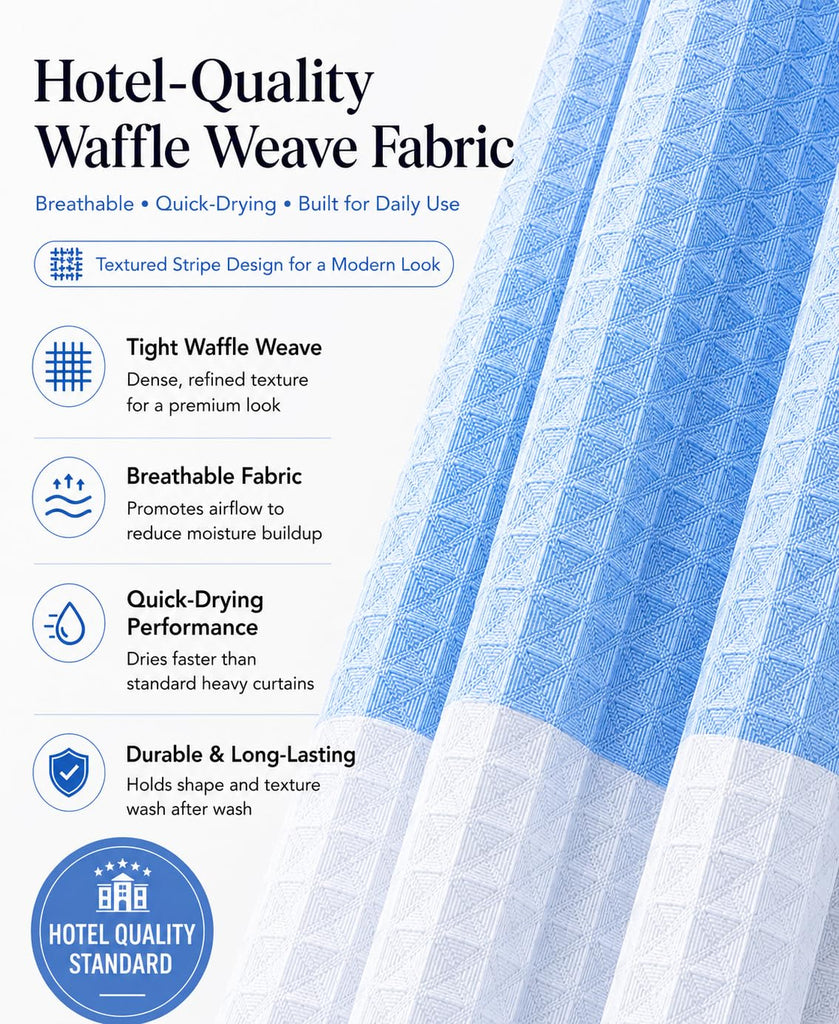 Ombre Waffle Weave 70 x 72 Blue Textured Fabric, Hotel Style Waffle Weave Bathroom Curtain, Water Resistant