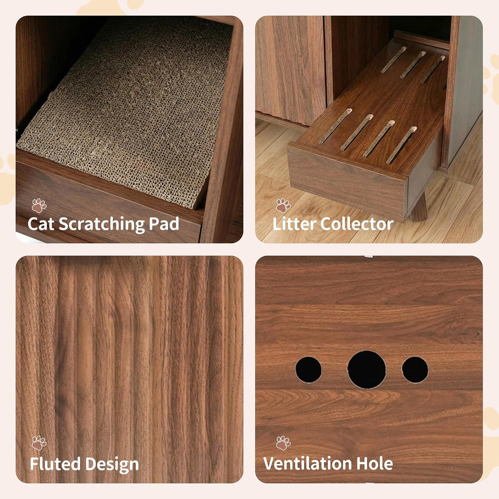 Cat Litter Box Enclosure with Litter Collector, Fluted Hidden Litter Box Furniture with Scratch Pad, 31" Wooden Cat