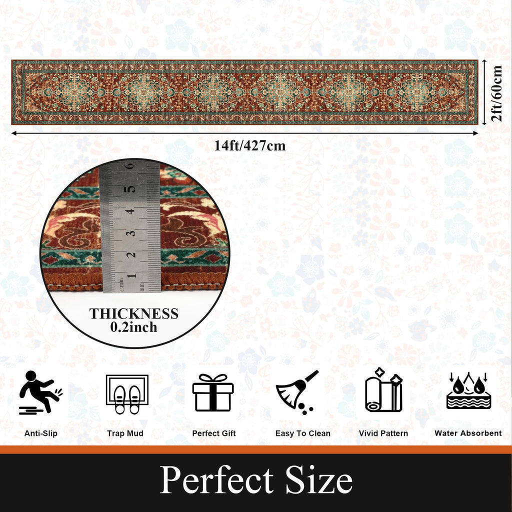 Boho Hallway Runner Rug, Washable Carpet, Rust&Teal