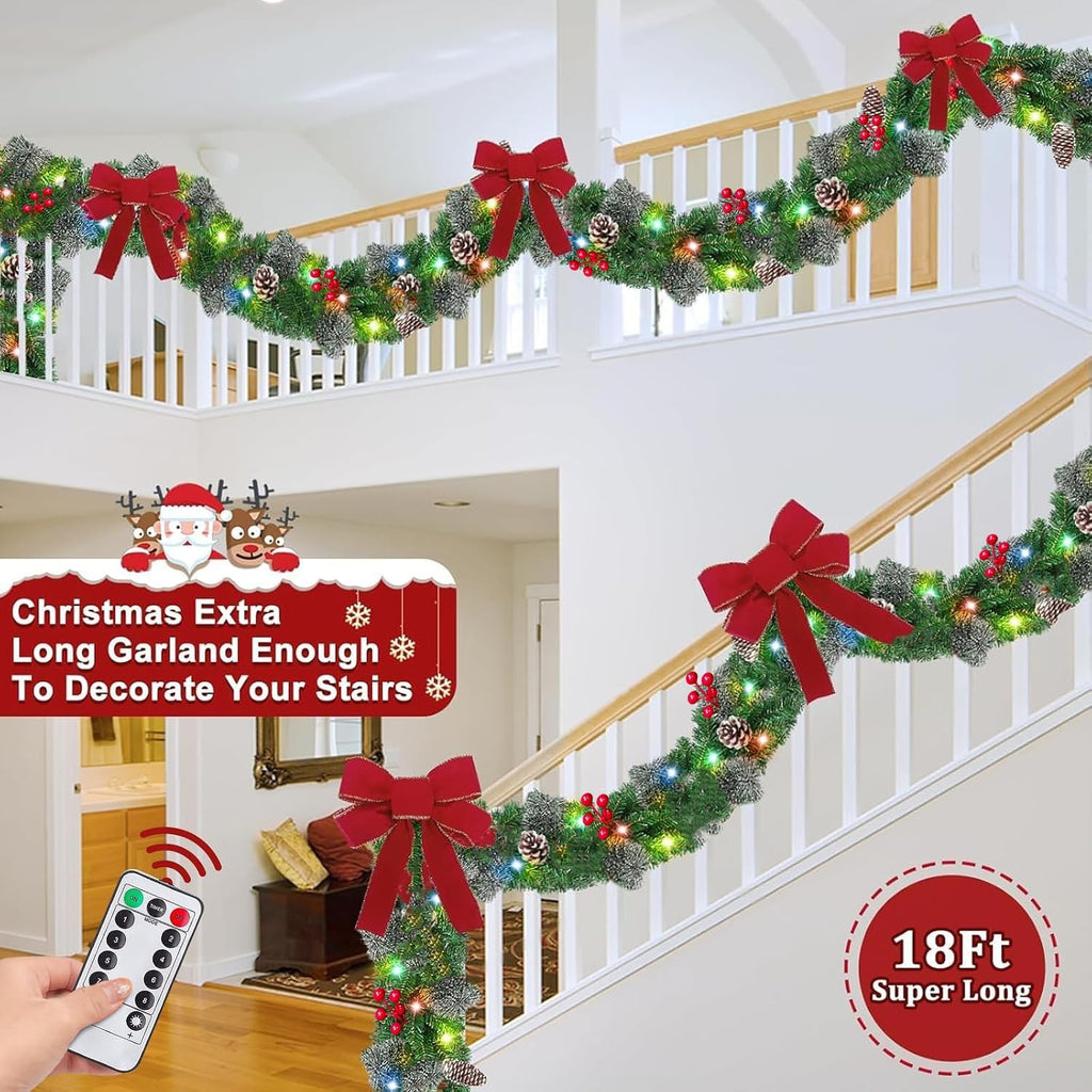 Remote Control&Super Long&8 Modes-18Ft Prelit Snowy Bristle Pine Christmas Garland for Stairs Door Porch Mantle