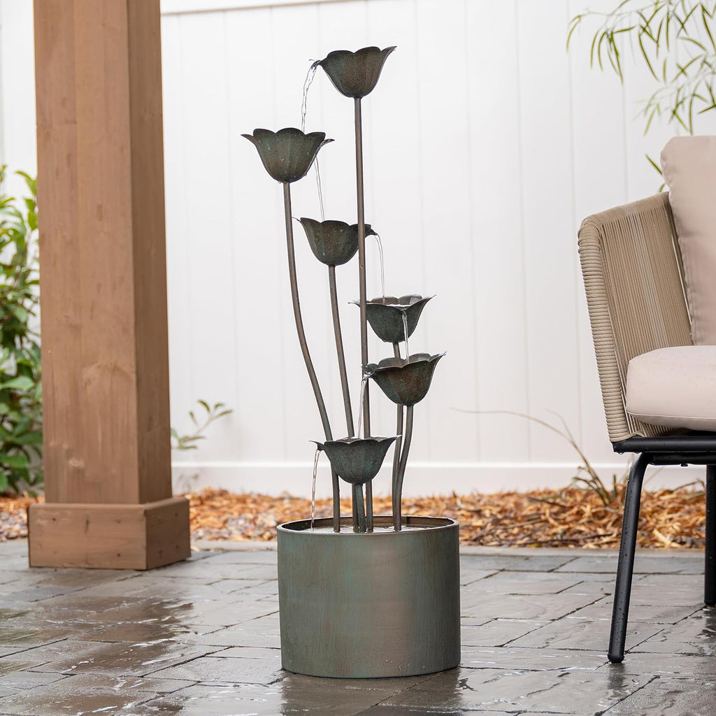 35" Tall Silver Metal Sculptural Flower Multi-Tier Freestanding Water Fountain for Indoor & Outdoor Use