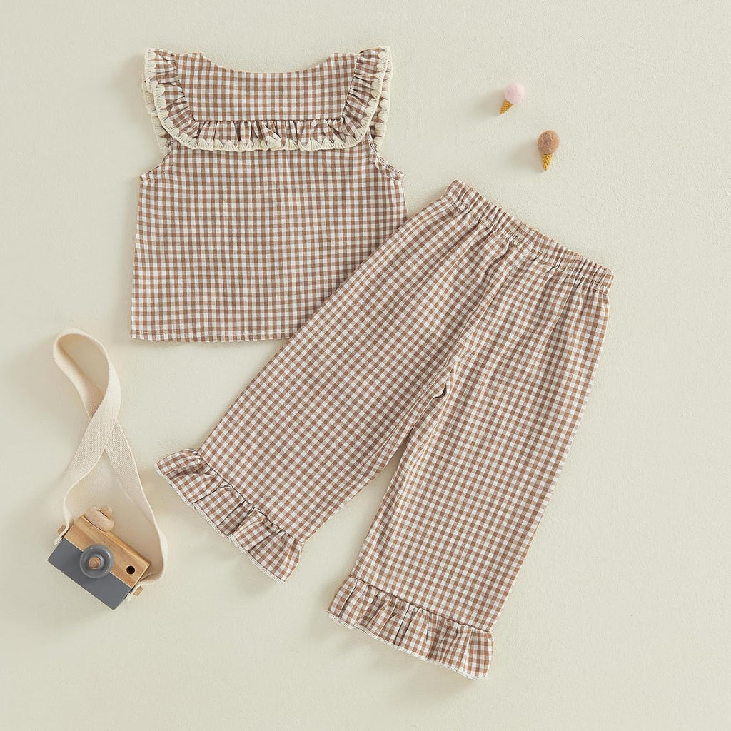 Toddler Baby Girl Summer Clothes Gingham Top Linen Pants 2 Piece Outfits