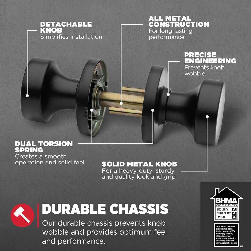 Pismo Interior Passage Door Knob, Handle and Hallway Doors, Non-Locking Doorknob in Matte Black