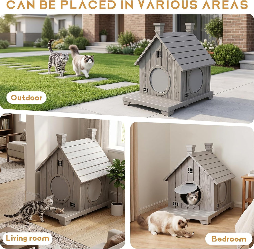 Outdoor Cat House Weatherproof 1-Story Durable Resin, Grey