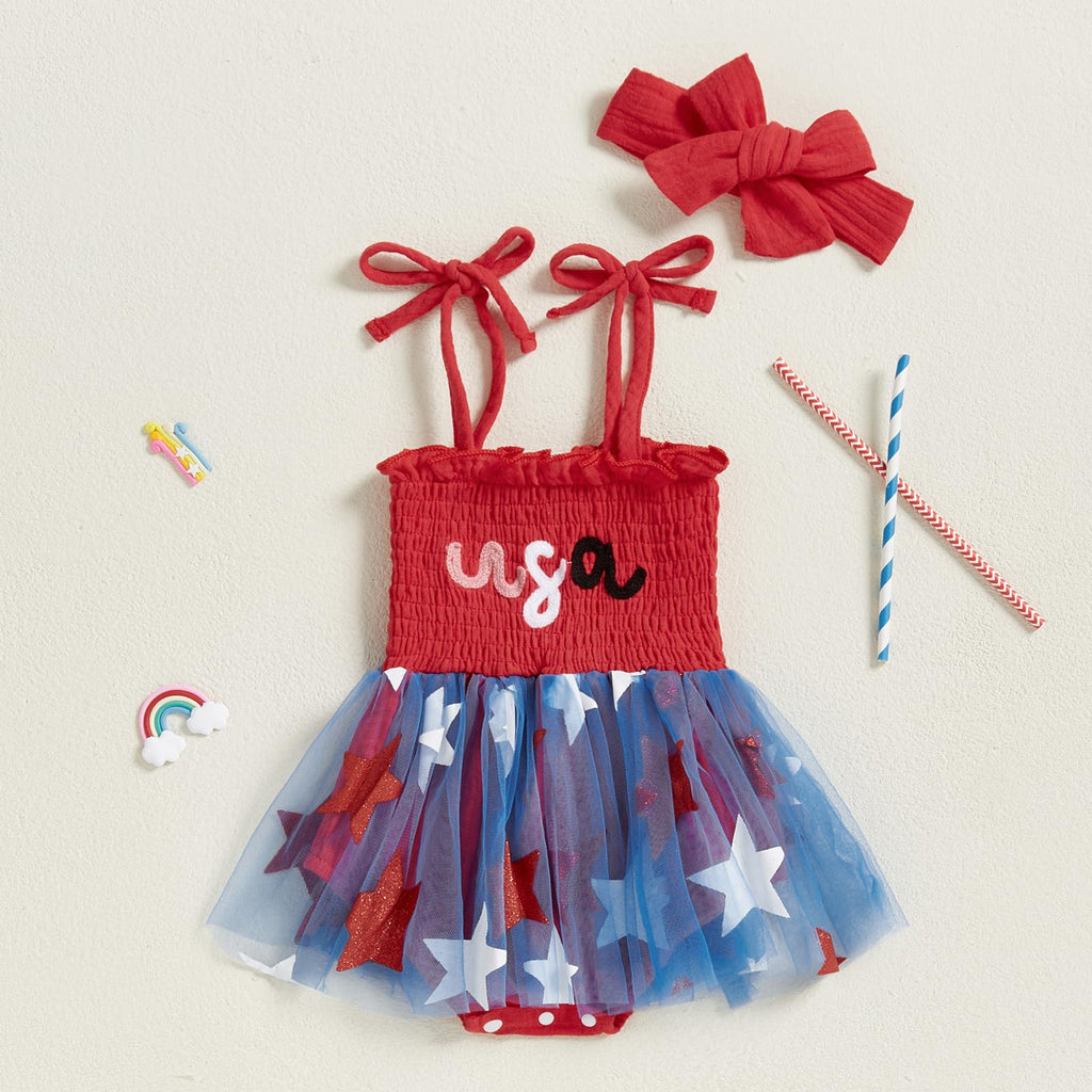 Newborn Infant 4th Fourth of July Baby Girl Outfits Bubble Romper White Red and Blue Clothes+Headband (USA Star Red
