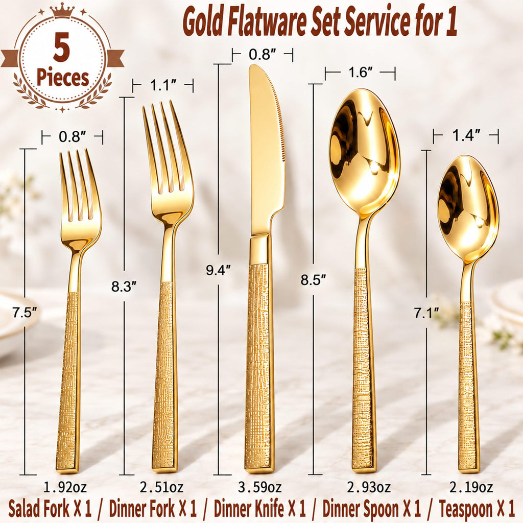 Gold Hammered Silverware Set for 1, 5-Piece 18/10 Stainless Steel Flatware