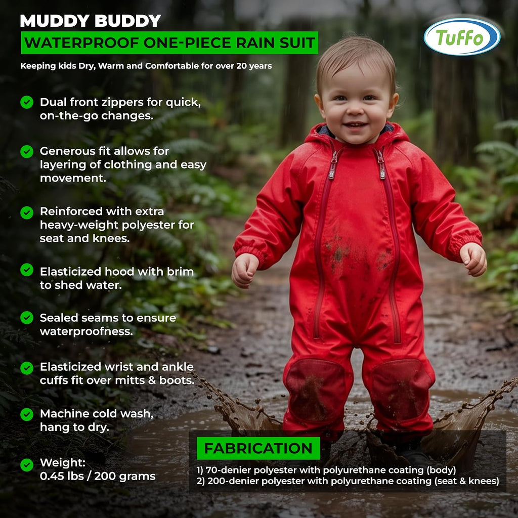 Muddy Buddy Kids Waterproof Rain Suit One-Piece Coverall, Dual Zippers, Sealed Seams, Reinforced Knees - Boys & Girls