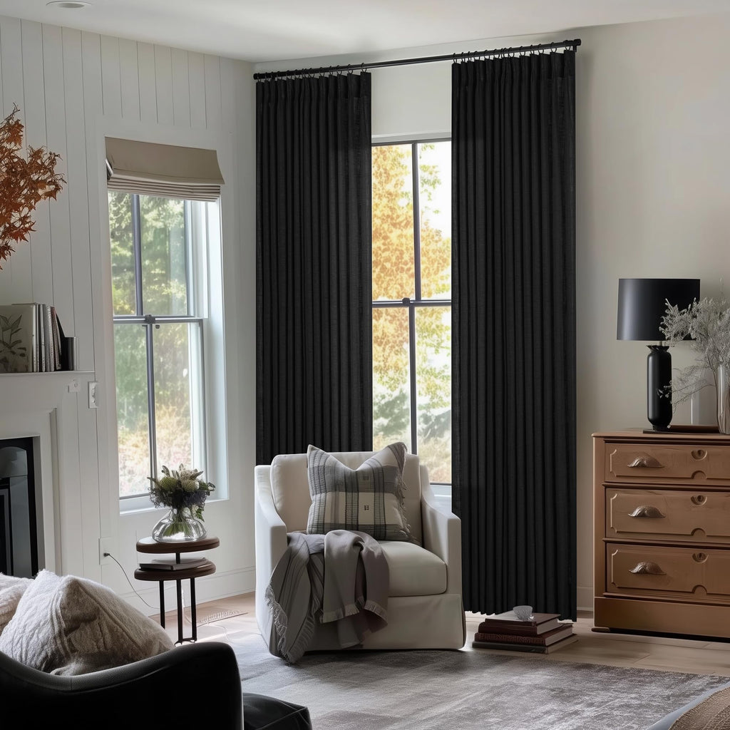 Black Pinch Pleated Linen Semi Sheer 120 Inch Curtains 2 Panels
