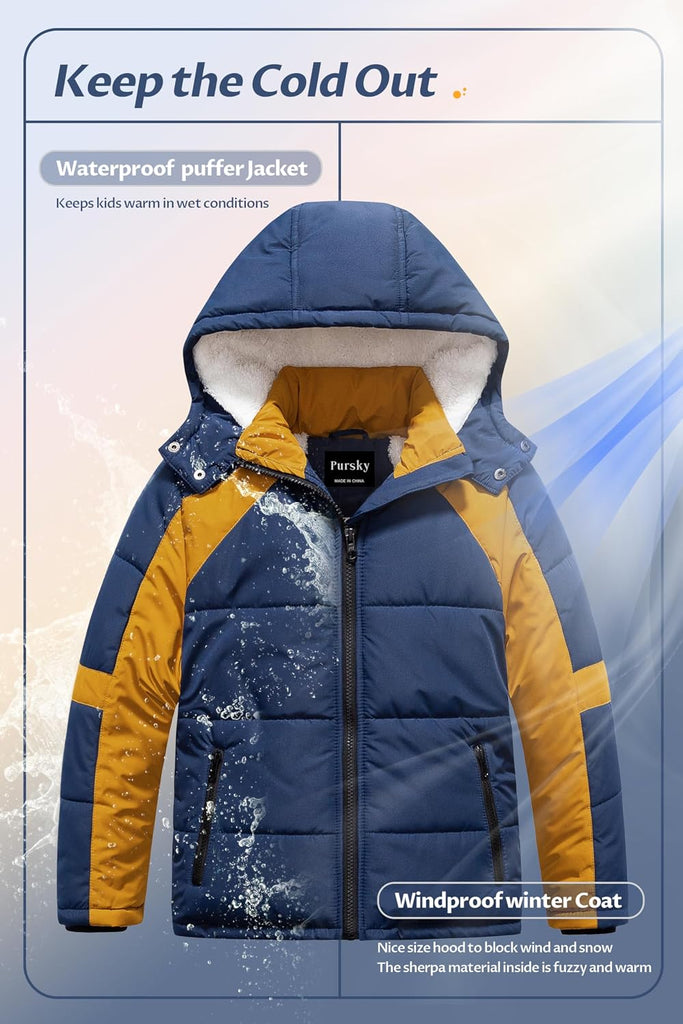 Boy's Warm Winter Coat Water Resistant Sherpa Outerwear Puffer Jackets With Removable Furry Hood