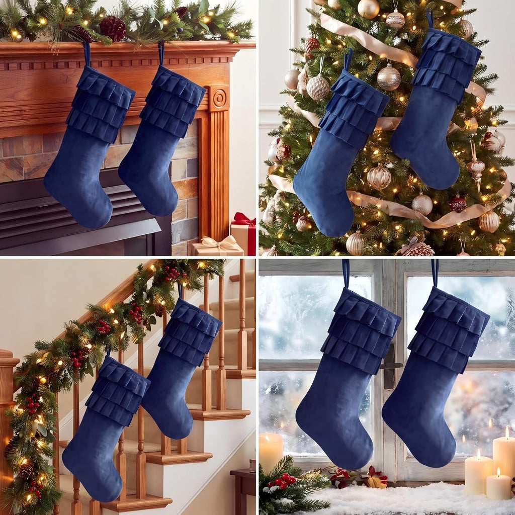 Navy Blue Velvet Christmas Stockings 18" Ruffle - Set of 2