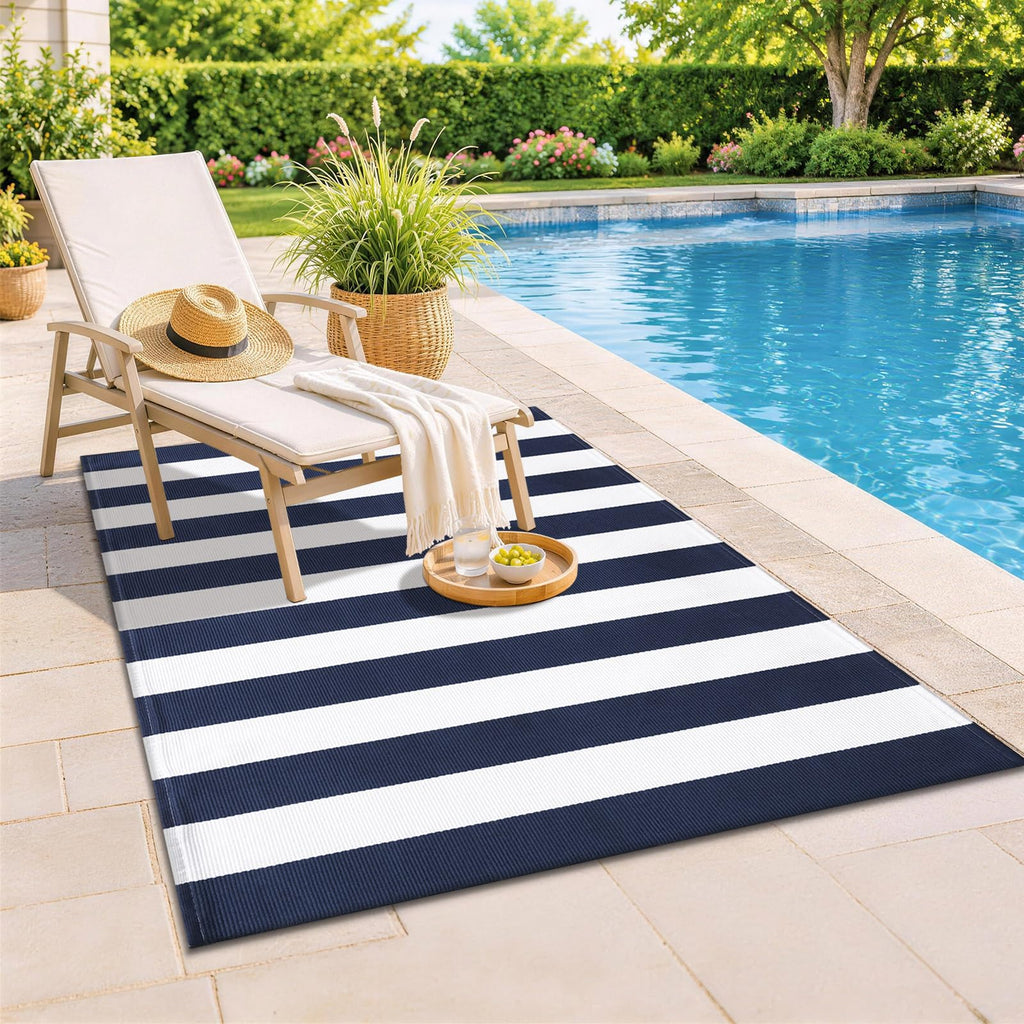 Navy and White Striped Accent Rug 3x5, Washable Indoor Outdoor Rug