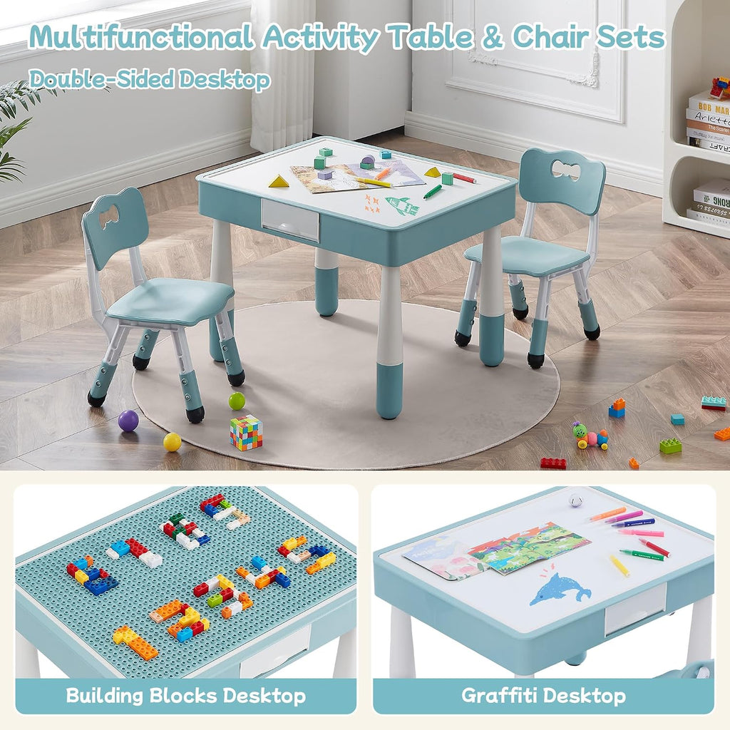 4 in 1 Kids Table and 2 Chairs Set, Toddler Table and Chair Set for Kids Ages 3-10, Activity Tables for Building
