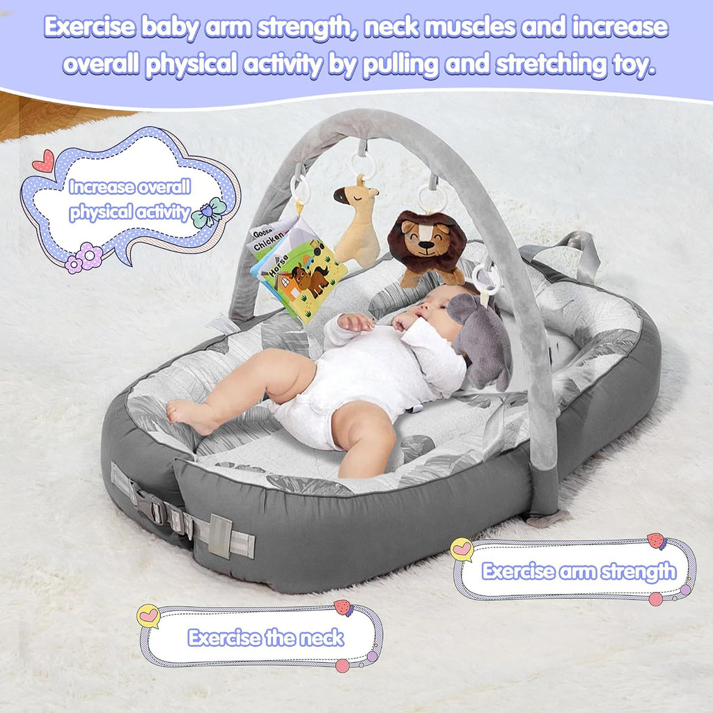 Portable Baby Lounger with 4 Toys,Infant Lounger with Fitness Rack, Breathable & Soft Cotton Newborn Lounger