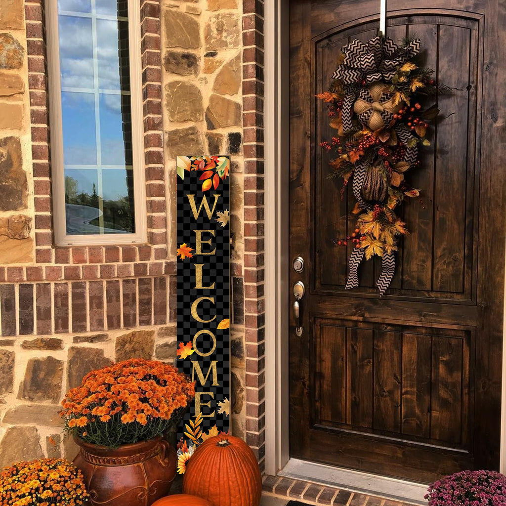 Fall Wooden Porch Sign 47" Autumn Pumpkin Maple Leaf Front Door Welcome Sign Vertical Standing Sign For Garden Home