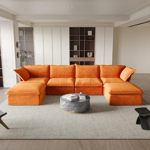 U-Shaped Couches for Living Room, Convertible Sectional Sofa, Modern Deep Seat Soft Cloud Couch, Modular Sectional Sofas with Two Ottomans for Living Room, Apartment (Orange) A124-B0F1JL5B82