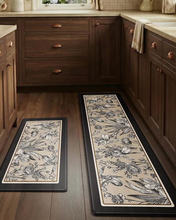 Kitchen Mats for Floor Set of 2 Cushioned Anti Fatigue, 17x30+17x59 | Cream Black Memory Foam Padded, Easy Care