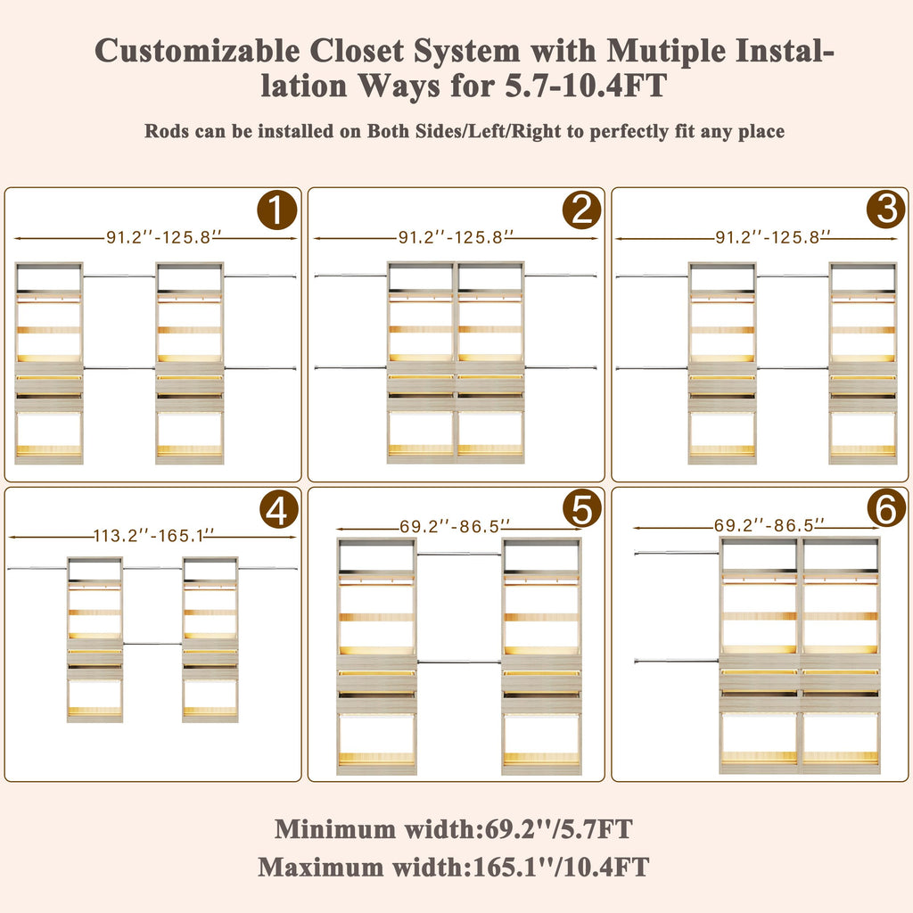 Closet System Set of 2, 5.7-10.4FT Closet Organizer System with 6 Drawers