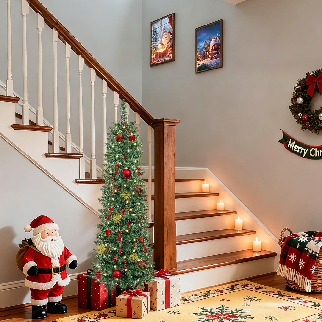 4FT Prelit Pencil Christmas Tree, Skinny Foldable Christmas Tree