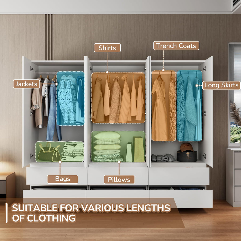 White Armoire Wardrobe Closet with Large Capacity, 78.74" Tall Bedroom Armoire, Wooden Wardrobe Cabinet with 2
