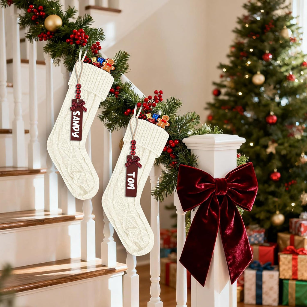 Inch Large Cable Knitted Xmas Hanging Stockings with DIY Wooden Name Tags for Family Holiday Decor (White) - Set of 2