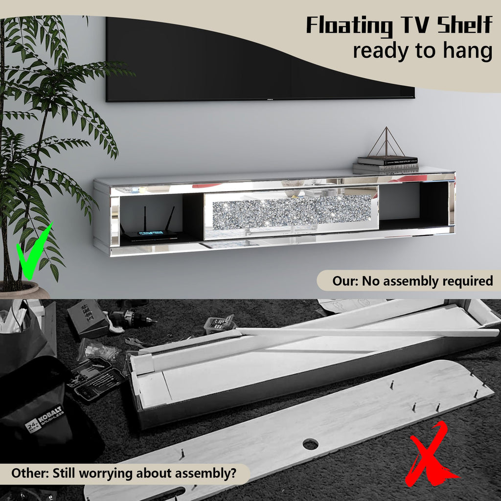 Mirrored Floating, 47 1/2" Wall Mounted Floating TV Shelf with Crushed Diamonds, Glass Floating Entertainment Center