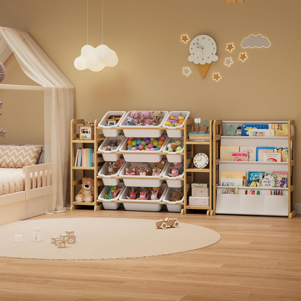 Toy Storage Organizer 12 Bins, 6 Shelves and Bookshelf for Kids, 4-in-1 Toy Organizers and Storage, Toy Book Storage