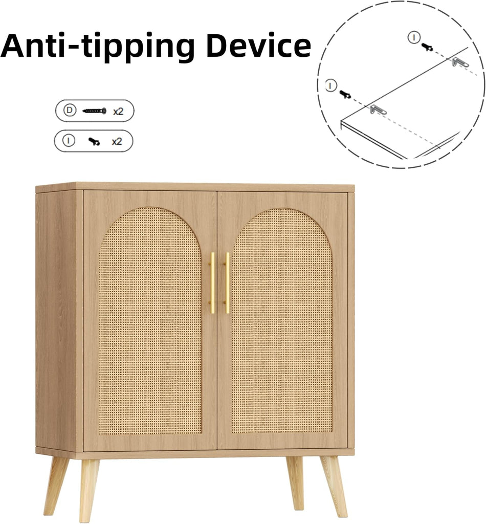 15.7" D Rattan Storage Cabinet with 2 Doors & Adjustable Shelf | Accent Buffet Sideboard Cabinet with Solid Wood