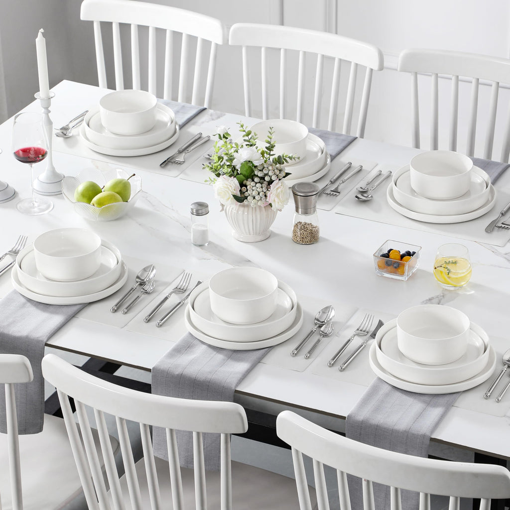 24 Pieces Porcelain Dinnerware Set, Modern White Dish Set for 6, Premium Serving Plates and Bowls Sets, Chip and