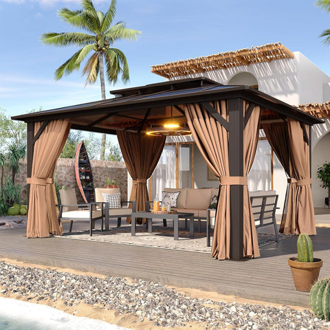 12'x10' Hardtop Gazebo, Aluminum Frame Permanent Pavilion with Curtains and Netting