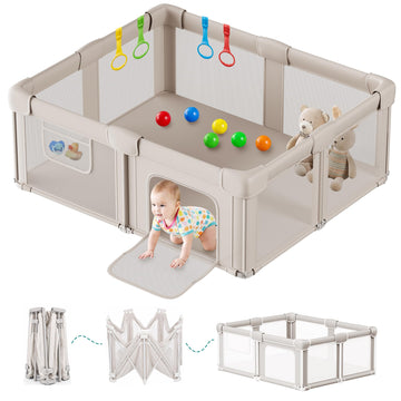 Foldable Baby Playpen with Mat, 71x59 Inches, Light Khaki