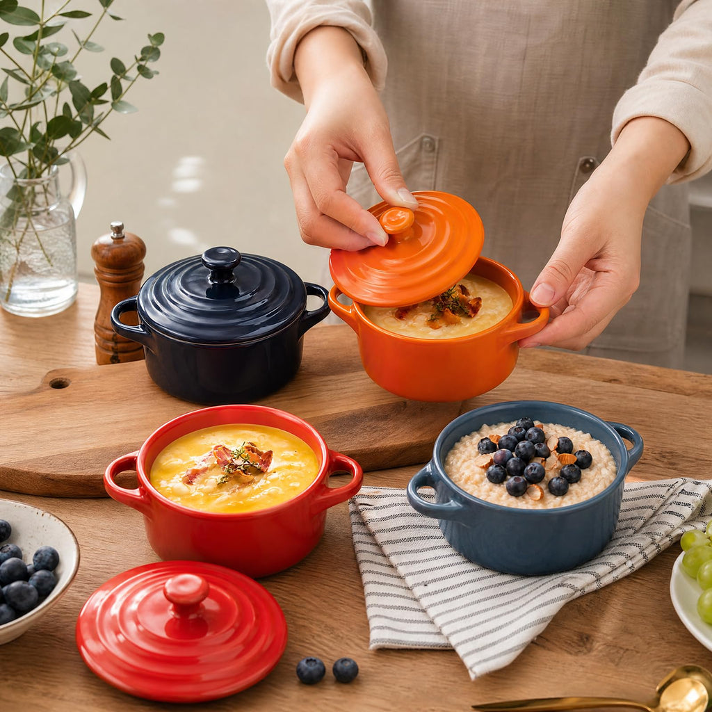 4 Pack Porcelain Ramekin with Lids and Handles Oven Safe, 8 oz Round Souffle Creme Brulee Baking Dish, Pudding