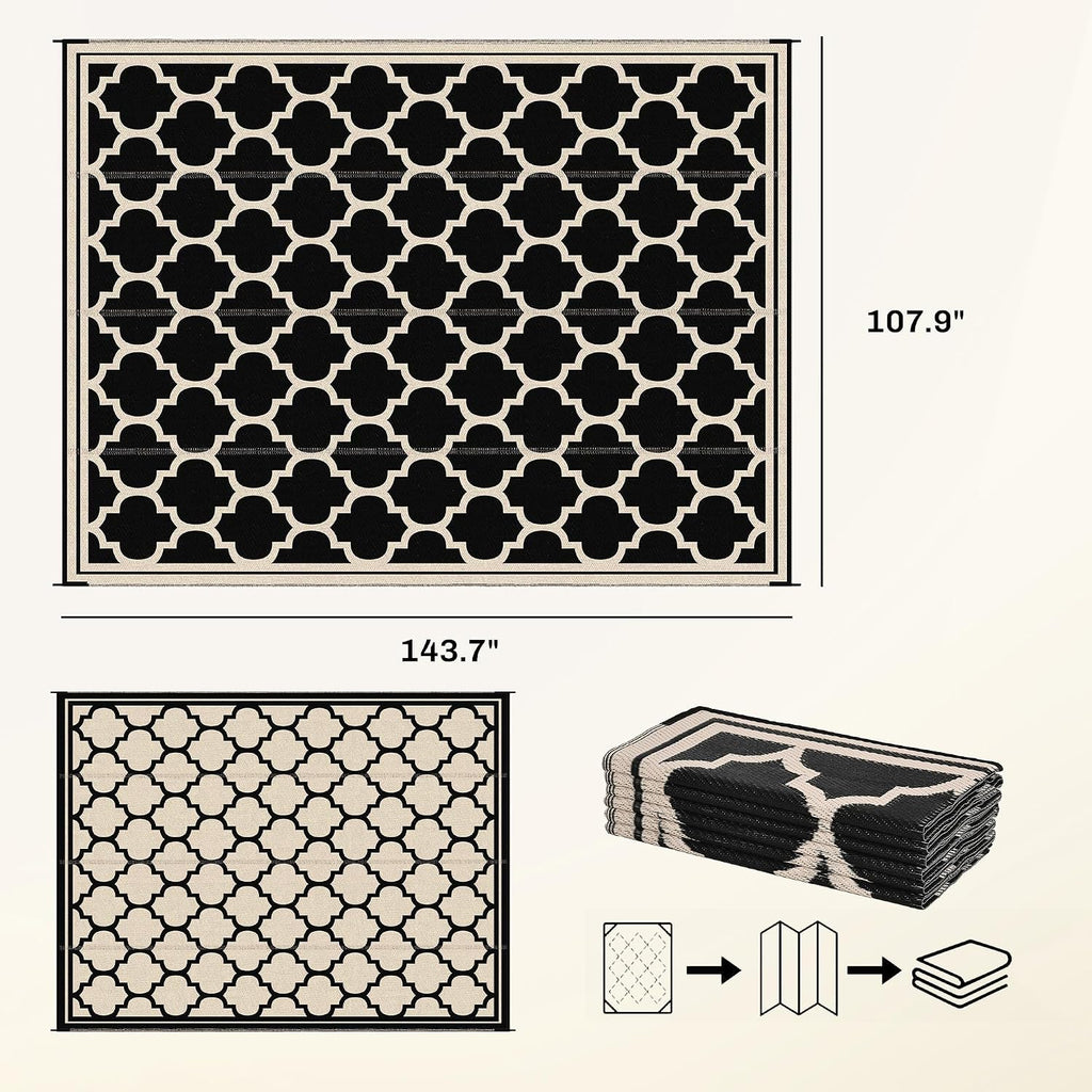 9' x 12' Reversible Outdoor Rug, Black & Beige