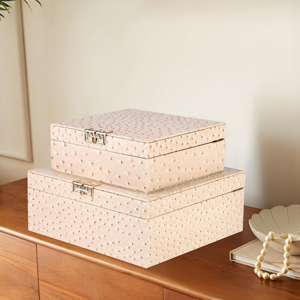 Square Decorative Boxes Nesting Storage Memory Keepsake Boxes with Lids, Stylish PU Leather Trinket Jewelry - Set of 2