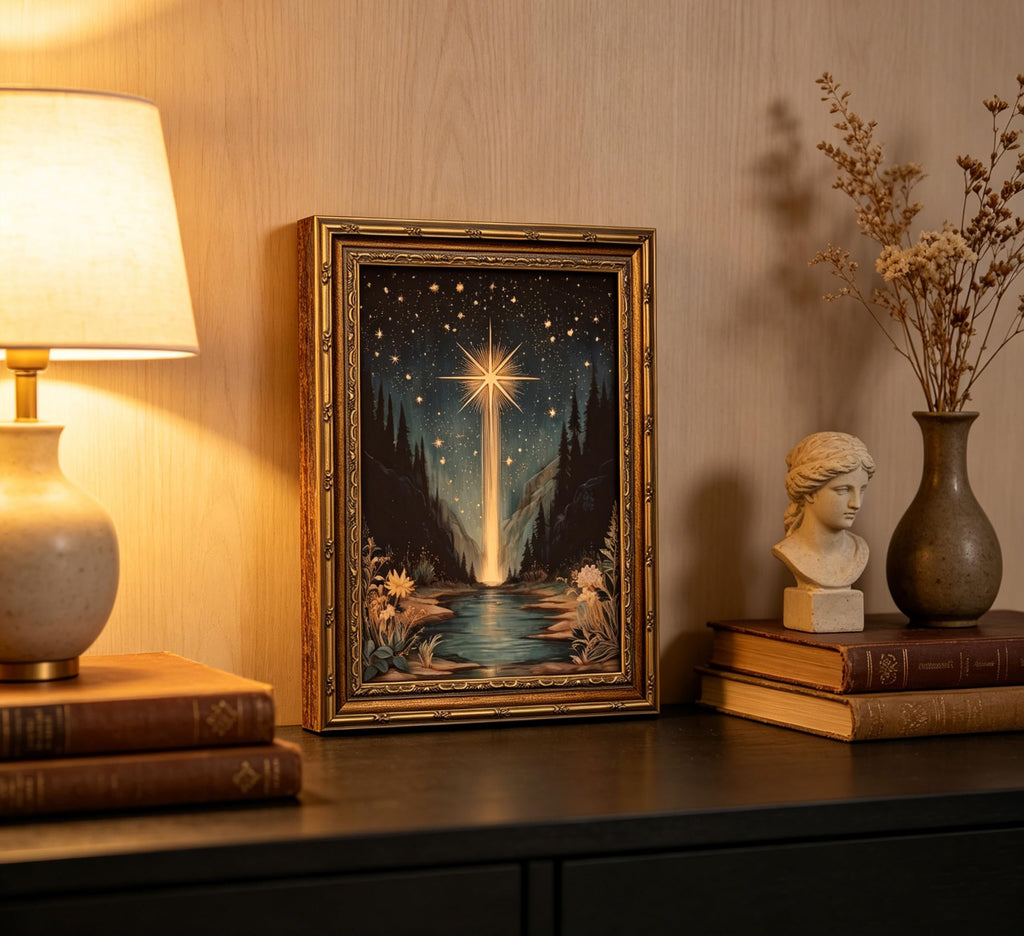 Vintage Gold Framed Celestial bodies Starlight Landscape Wall Art, Celestial Night Sky Canvas Print Poster, Magical