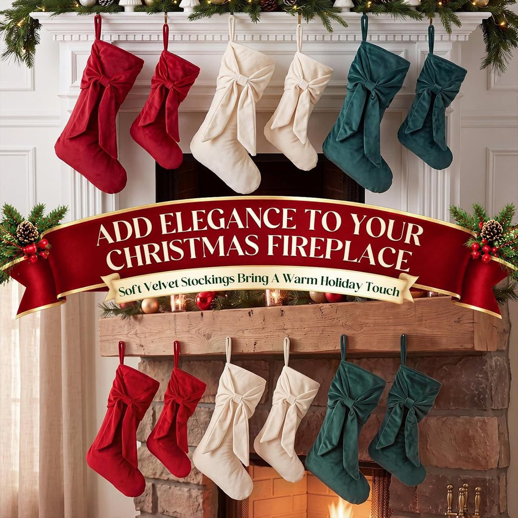 6 Pcs Velvet Christmas Stockings with Bow Red Green Beige 15, 18 in