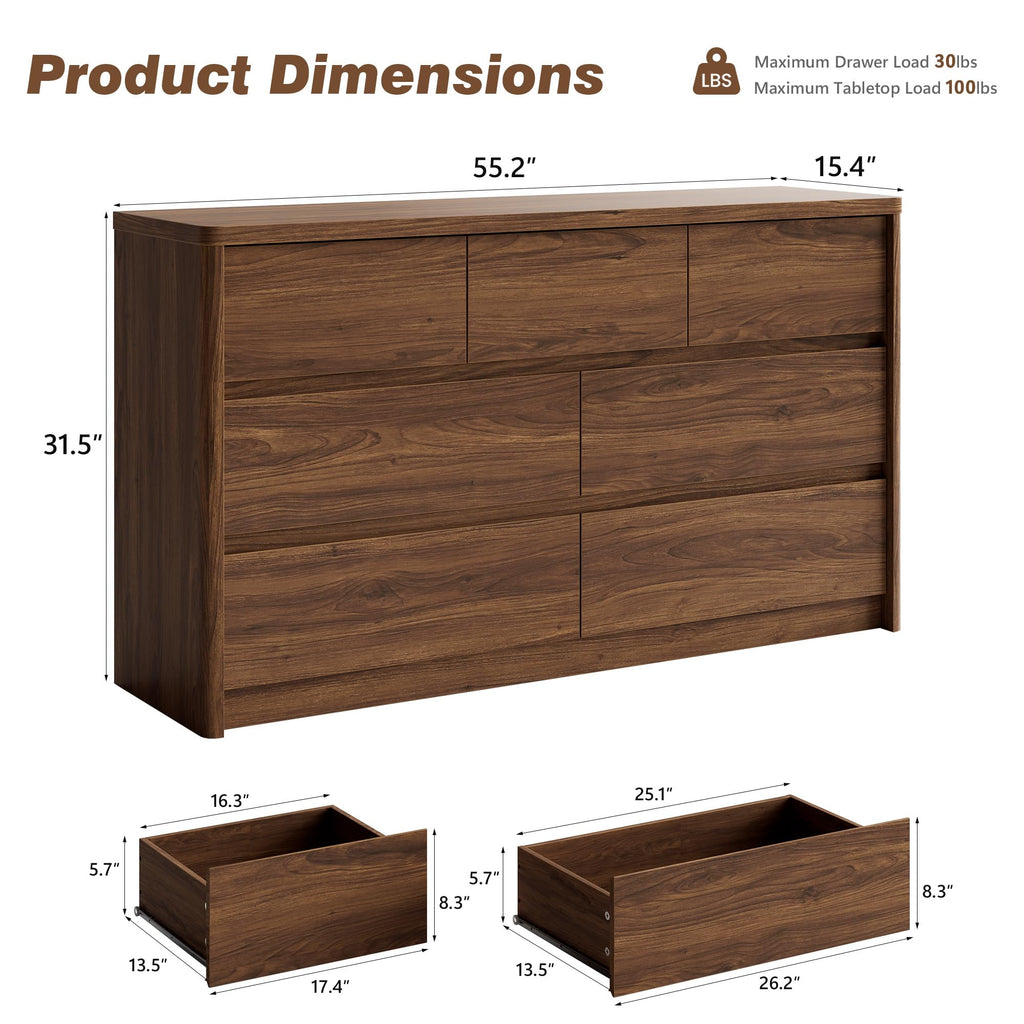 7 Drawer Dresser, Walnut, 55" Wide