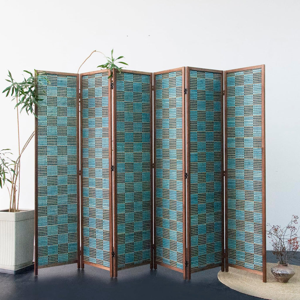 6 Panel Room Divider Screen and Folding Panel Screen, Double Sided Bamboo Divider for Room Separation, Blue Square, 67"