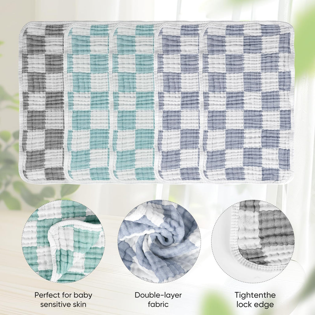 Muslin Burp Cloths 20"x10" Baby Burp Cloths 5-Pack(5, Blue & Green)