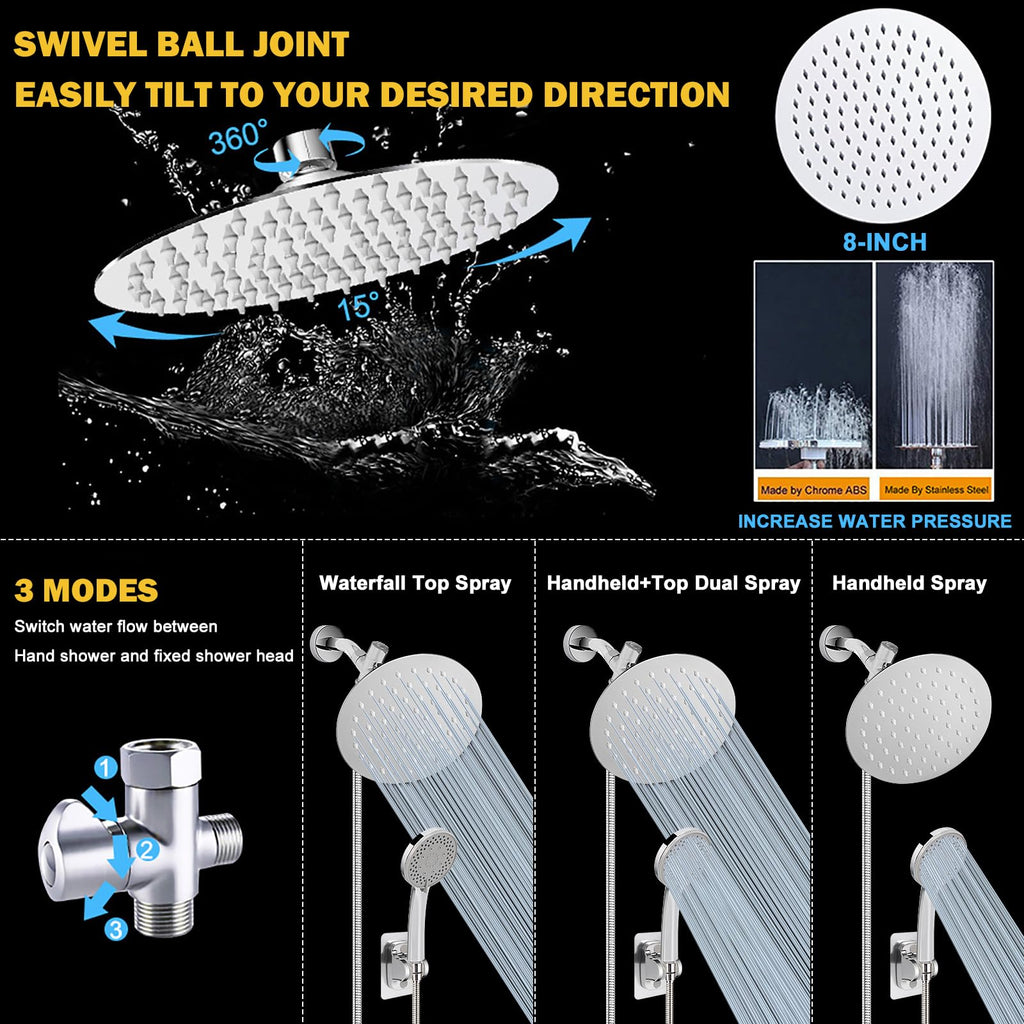 Shower Head with Hose, High-Pressure Stainless Steel 8'' Rain Shower and 5 Settings Handheld Shower Spray Combo with