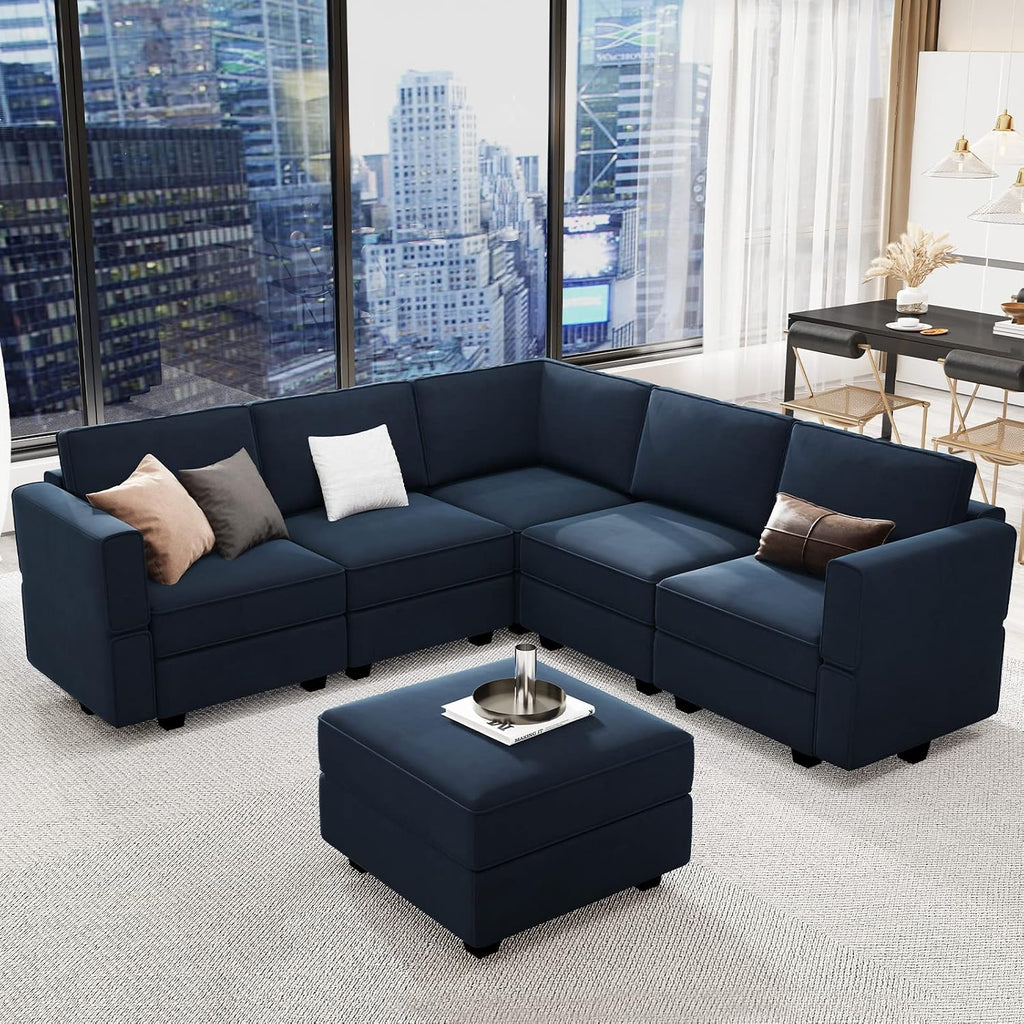 Modular Sectional Sofa with Storage Seats Velvet L Shaped Corner Couch Convertible Sectional Sofa with Chaise (Blue