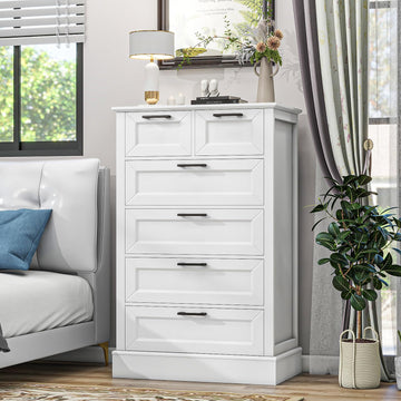 Odeekea White Dresser with 6 Drawers, Vertical Tall Dresser, Chest of Drawers, Wood Closet Drawers, 47" Tall