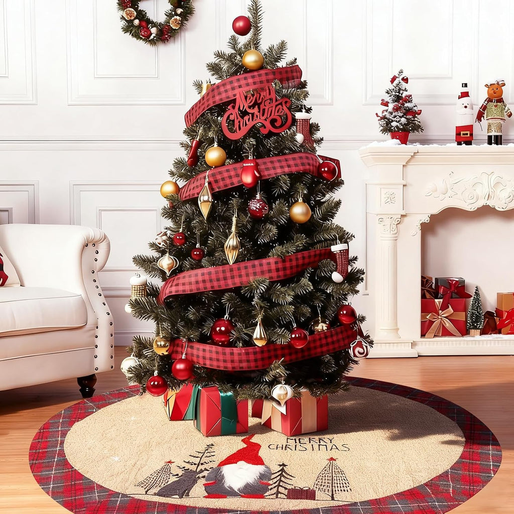 Large Christmas Tree Skirt 48 Inch, Vintage Burlap Christmas Tree Skirt with Buffalo Plaid Edges and Stereo Plush