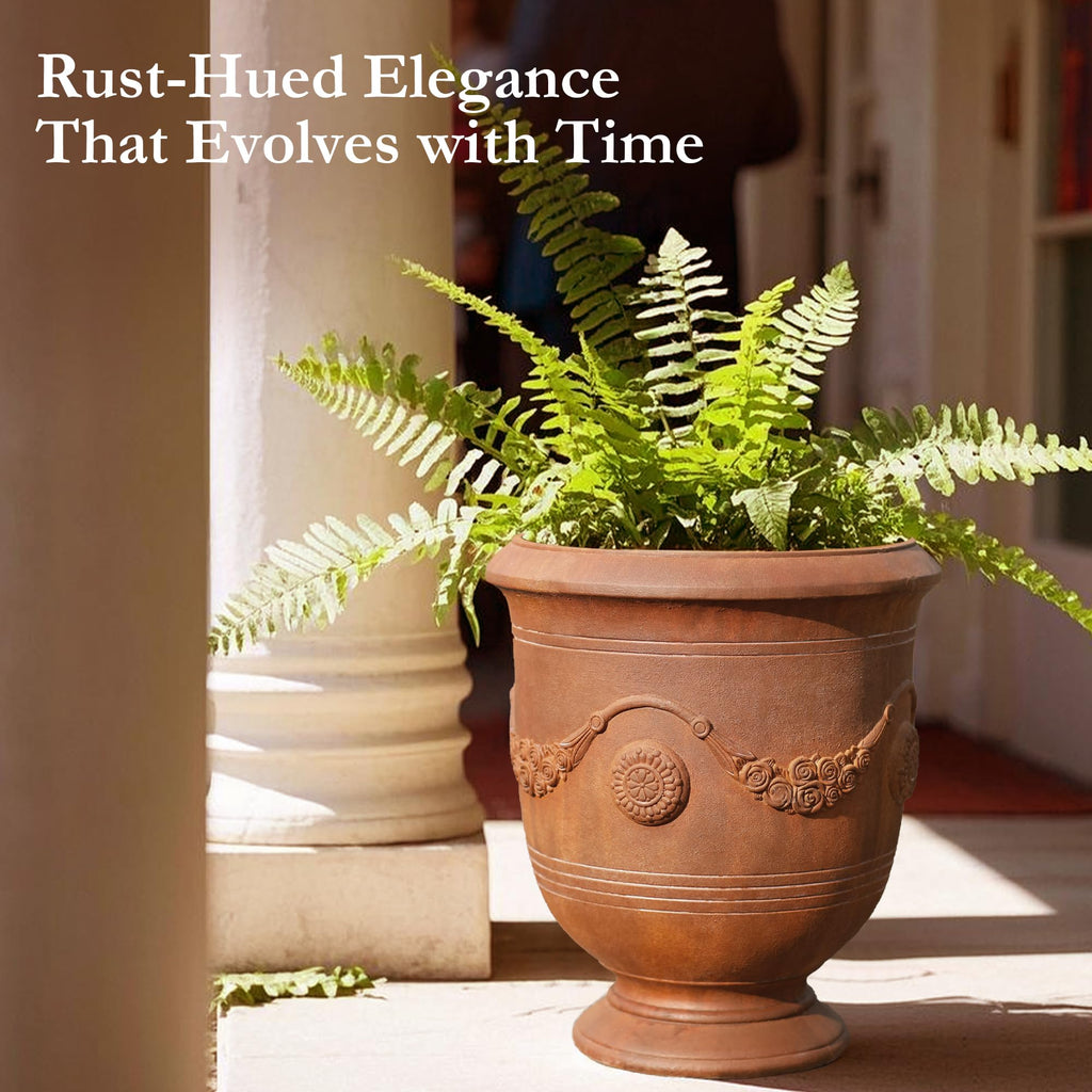 Large Urn Planter - 14" Dia x 16.5" H Lightweight Magnesium Oxide Plant Pot with Cement Texture - Rust-Like Finish