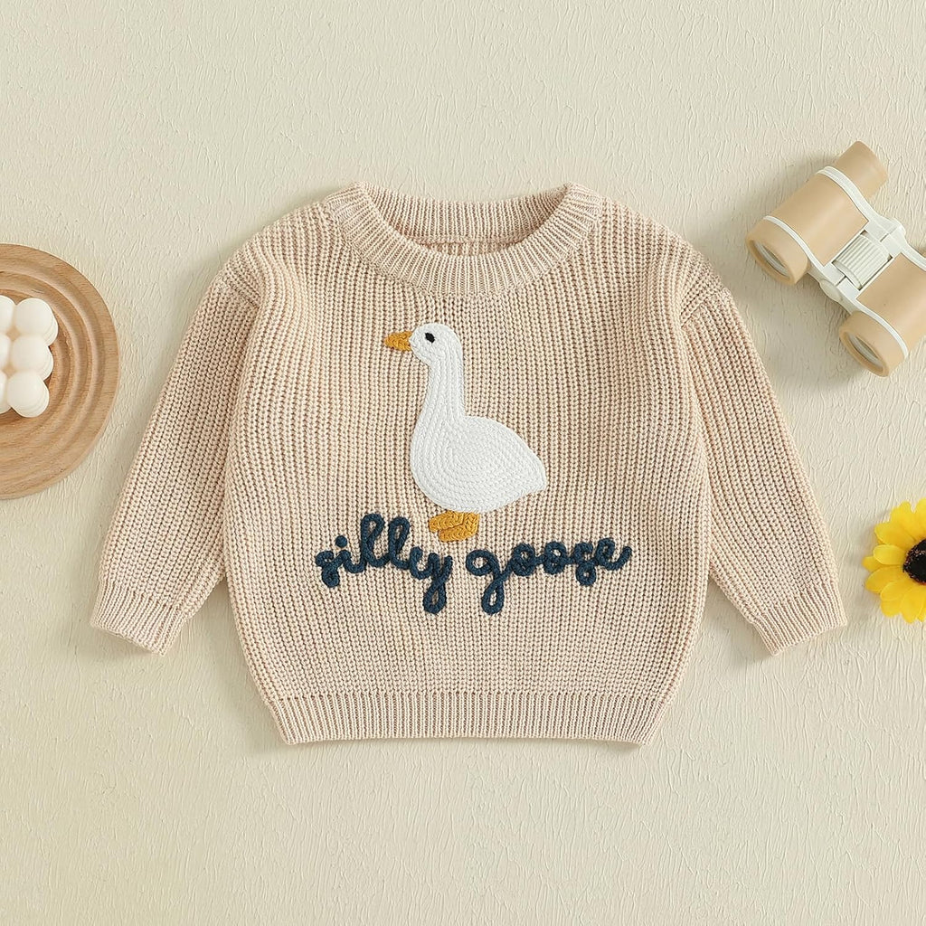 Toddler Baby Boy Girl Knit Sweater Silly Goose Embroidery Long Sleeve Knitted Sweatshirt Warm Fall Winter Clothes