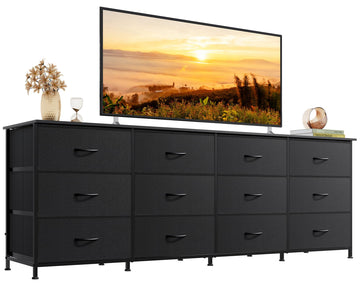Long Dresser TV Stand for 85 Inch TV, 12 Drawer Dresser, Black