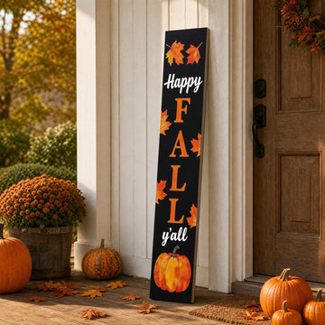 Happy Fall Y'all 47" Tall Vertical Wooden Porch Sign Black Rustic Farmhouse Fall Decor with Maple Leaf Pumpkin