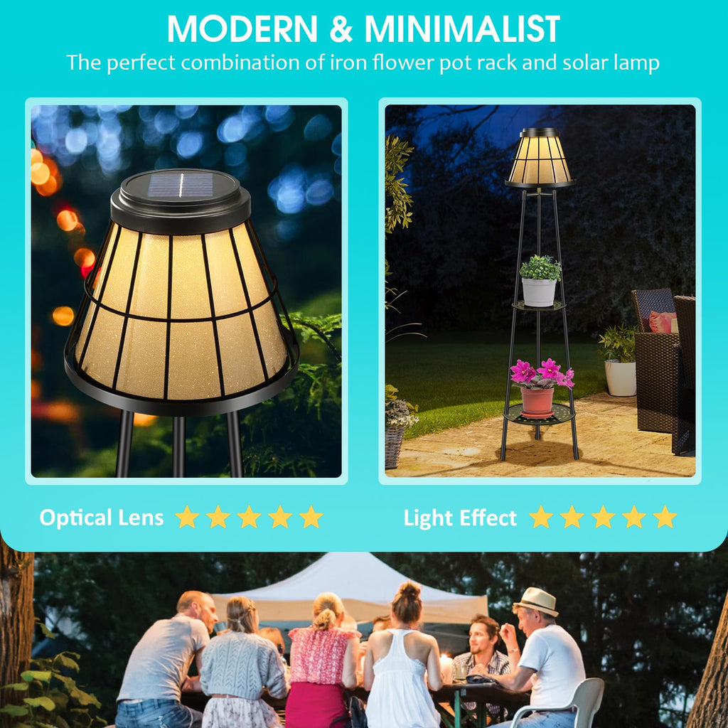 2-Tier Solar Plant Stand with Light, Modern Outdoor Floor Lamp with Classic Grid Lantern, Waterproof Tall Metal